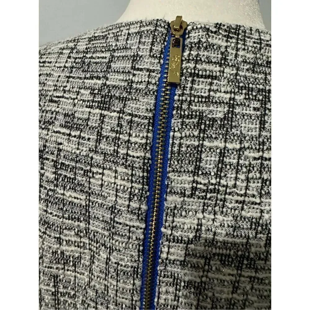Eliza J tweed sheath sleeveless ruffle front